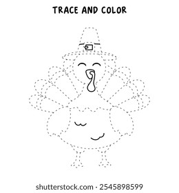 Turkey thanksgiving coloring pages for kids. Trace and color turkey. Cute turkey thanksgiving animal line art vector for coloring books. Kindergarten and preschool worksheets printable for kids. 