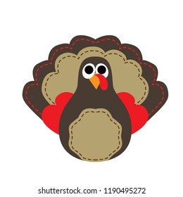 Turkey. Thanksgiving day felt decoration element. Vector isolated illustration.