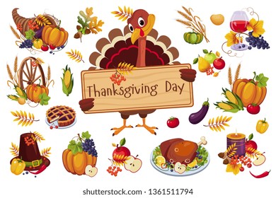 Turkey for Thanksgiving day holding wooden signboard, Traditional symbols of autumn holiday vector Illustration on a white background