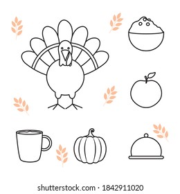 turkey and thanksgiving icon set over white background, line style, vector illustration
