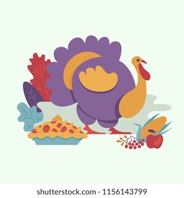 Turkey, thanksgiving pie on background of abstract autumn leaves, berries and apple. Vector cartoon illustration with symbols of thanksgiving set. Sign of autumn, harvest and farming.