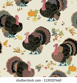 Turkey, Thanksgiving, seamless pattern. Hand drawn vector illustration of turkey, pumpkin, corn, grapes, mushrooms, autumnal leaves .
