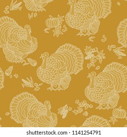 Turkey, Thanksgiving, seamless pattern. Hand drawn vector illustration of turkey, pumpkin, corn, grapes, mushrooms, autumnal leaves.