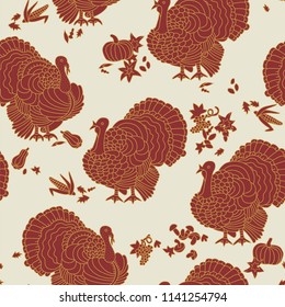 Turkey, Thanksgiving, seamless pattern. Hand drawn vector illustration of turkey, pumpkin, corn, grapes, mushrooms, autumnal leaves.