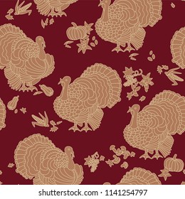 Turkey, Thanksgiving, seamless pattern. Hand drawn vector illustration of turkey, pumpkin, corn, grapes, mushrooms, autumnal leaves.