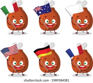 Turkey thighs cartoon character bring the flags of various countries. Vector illustration