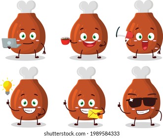 Turkey thighs cartoon character with various types of business emoticons. Vector illustration