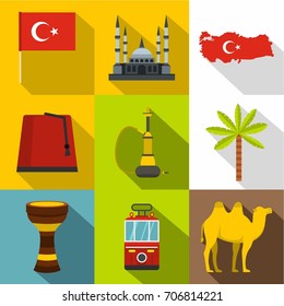 Turkey things icon set. Flat style set of 9 Turkey things vector icons for web design