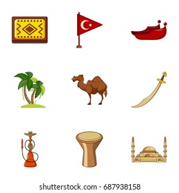 Turkey things icons set. Cartoon set of 9 turkey things vector icons for web isolated on white background