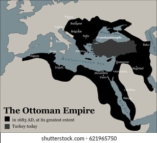 Turkey Today And The Ottoman Empire At Its Greatest Extent In 1683 - History Map Of Its Territory Expansion And Military Acquisition In Europe, Asia And Africa - Vector Illustration.