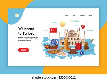 Turkey Tourism Page Design With Payment And Contact Symbols Flat Vector Illustration