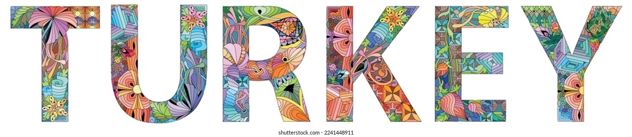 Turkey is a transcontinental country located mainly on the Anatolian Peninsula in Western Asia, with a small portion on the Balkan Peninsula in Southeast Europe. Vector decorative zentangle object.