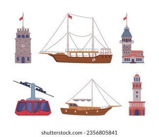 Turkey Transport and Building with Clock and Maiden Tower, Boat and Funicular Vector Set