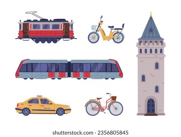 Turkey Transport and Building with Galata Tower, Tram, Taxi and Bicycle Vector Set