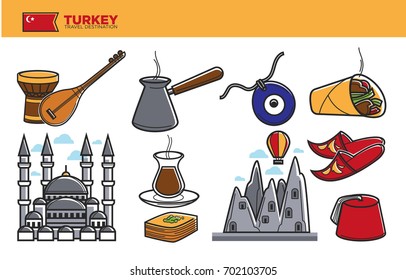 Turkey travel destination promotional poster with national symbols