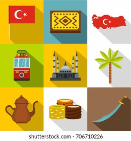 Turkey travel icon set. Flat style set of 9 Turkey travel vector icons for web design