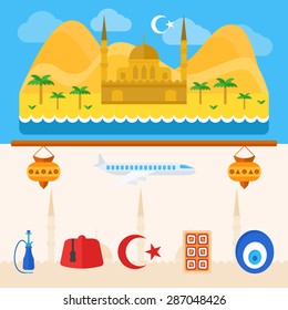 Turkey travel icons or logo set - vector flat turkish background with mountains and mosque