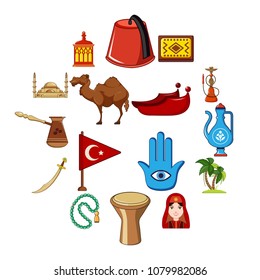 Turkey travel icons set. Cartoon illustration of 16 Turkey travel vector icons for web