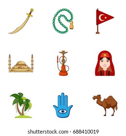 Turkey travel icons set. Cartoon set of 9 turkey travel vector icons for web isolated on white background