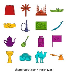 Turkey travel icons set. Doodle illustration of vector icons isolated on white background for any web design