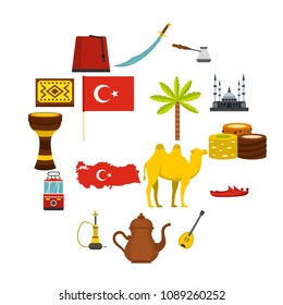 Turkey travel icons set in flat style isolated vector illustration