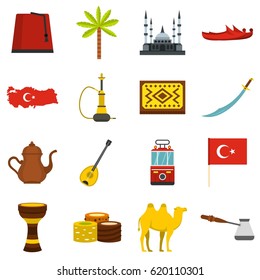 Turkey travel icons set in flat style isolated vector illustration