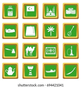 Turkey travel icons set in green color isolated vector illustration for web and any design