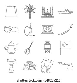 Turkey travel icons set. Outline illustration of 16 Turkey travel vector icons for web