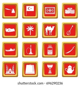 Turkey travel icons set in red color isolated vector illustration for web and any design