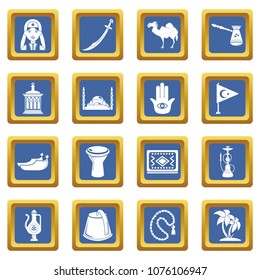 Turkey travel icons set vector blue square isolated on white background 