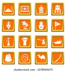 Turkey travel icons set vector orange square isolated on white background 