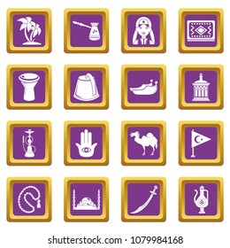 Turkey travel icons set vector purple square isolated on white background 