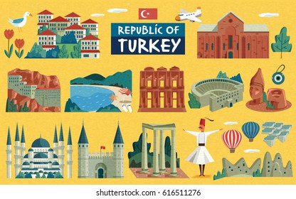 Turkey travel illustration with signs of famous attractions, yellow background