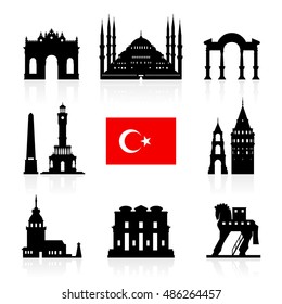 Turkey  Travel Landmarks flag icon set. Vector and Illustration