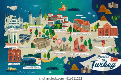 Turkey travel map and Turkish words for cotton castle on the left side, saffron city in the middle and ruins of ani on the right side