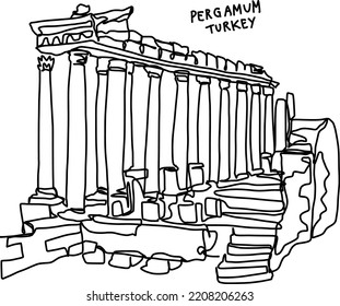 Turkey travel. Pergamon Turkey ancient Greek city one line drawing. Abstract vector illustration isolated.