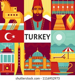 Turkey travel poster concept. Vector illustration with Turkish culture objects, popular places and symbols, such as Turks in national costume, Trojan horse, Blue Mosque and old tram in flat style.