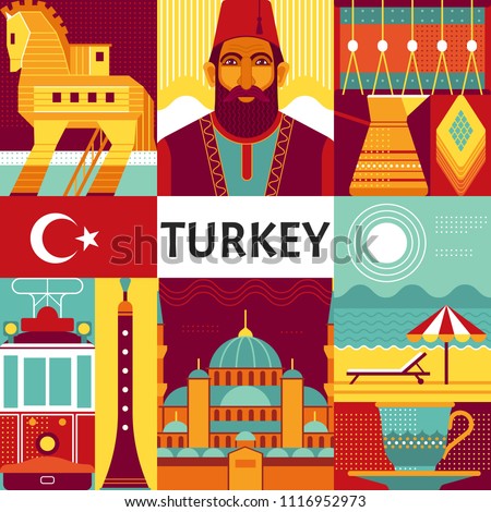 Turkey travel poster concept. Vector illustration with Turkish culture objects, popular places and symbols, such as Turks in national costume, Trojan horse, Blue Mosque and old tram in flat style.