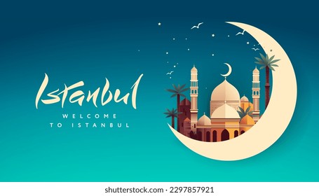 Turkey travel poster with a mosque and the words welcome to Istanbul, vector illustration