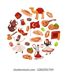 Turkey Travel Round Composition Design with Authentic Symbols Vector Template