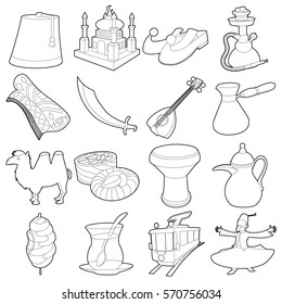 Turkey travel symbols icons set. Outline illustration of 16 Turkey travel symbols vector icons for web