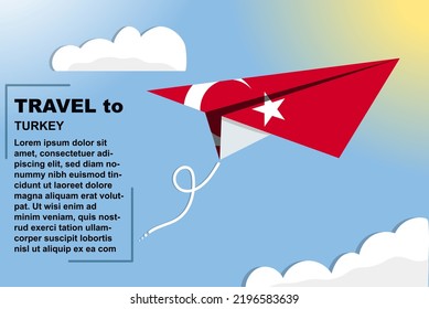 Turkey travel vector banner with paper flag and text space, Turkey country flag on paper plane, holiday and vacation concept, summer travel template and pattern, flight ticket idea