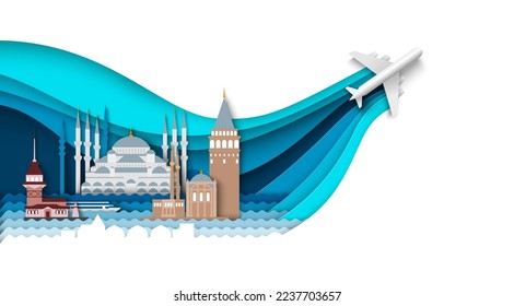 Turkey travel vector. Istanbul city famous landmark skyline background in paper cut art style. Popular mosque architecture sightseeing illustration. Oriental showplace