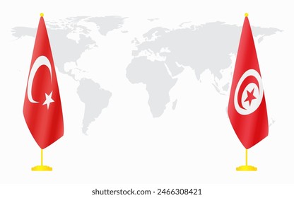 Turkey and Tunisia flags for official meeting against background of world map.