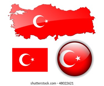 Turkey, Turkish flag, map and glossy button, vector illustration set.