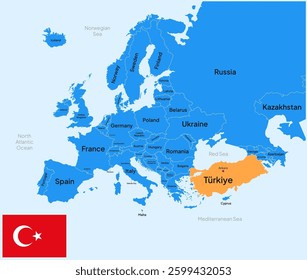 Turkey Turkiye vector map, Europe. Editable Vector map silhouette illustration isolated on Europe, highlighted at Turkey Turkiye, with flag, country name, border, and capital city.