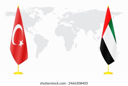 Turkey and United Arab Emirates flags for official meeting against background of world map.