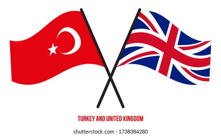 Turkey and United Kingdom Flags Crossed And Waving Flat Style. Official Proportion. Correct Colors.