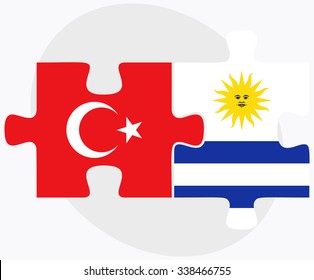 Turkey and Uruguay Flags in puzzle isolated on white background