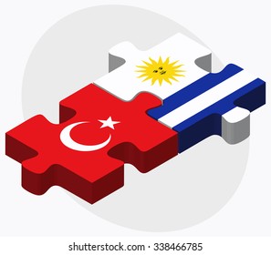 Turkey and Uruguay Flags in puzzle isolated on white background